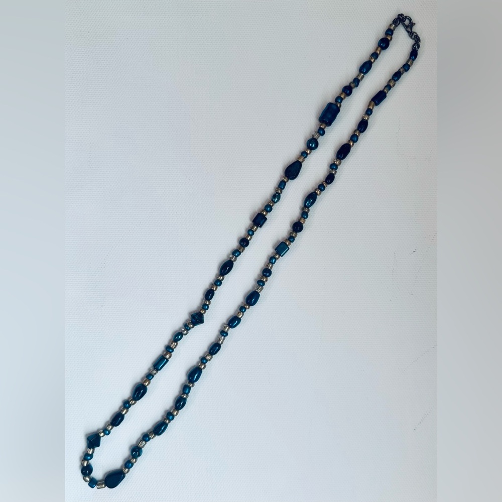 Blue and Gold Beaded Necklace with Metallic Accents 24”